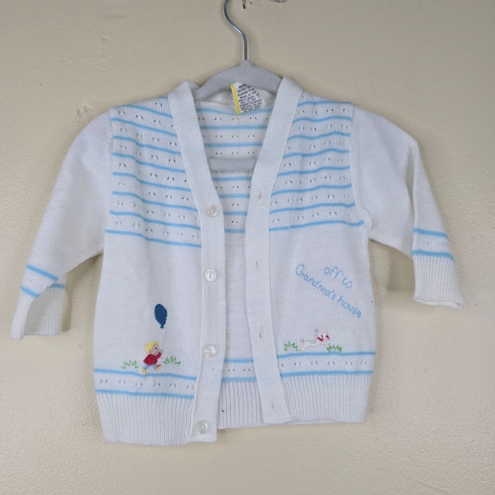 Vintage off to grandma's house little boy with balloon cardigan size 3m